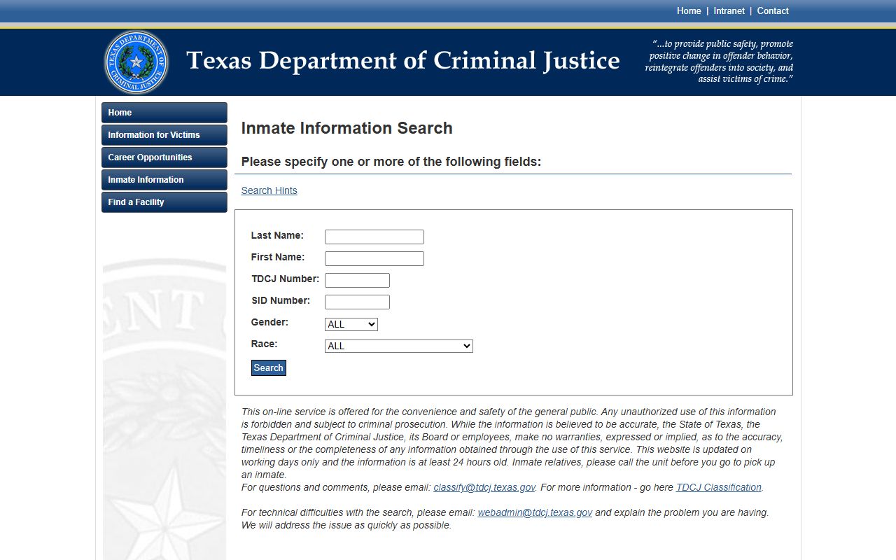 Official TDCJ inmate search form for Texas state custody