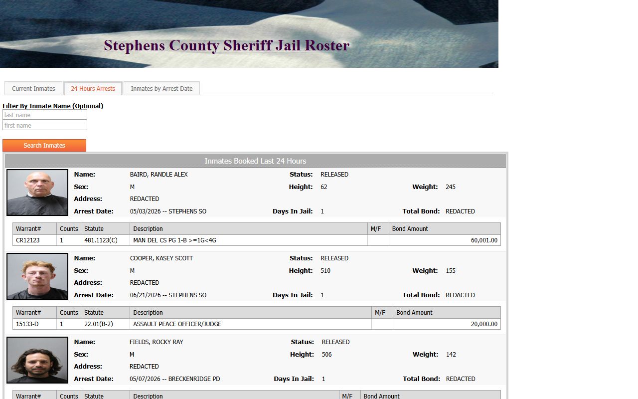 Stephens County jail mugshots and booking photos on the 24 Hours Arrests roster tab