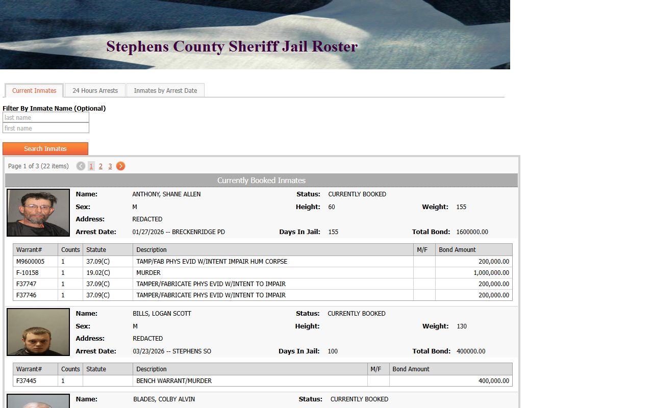 Stephens County inmate population Interop roster with current jail inmates and booking details