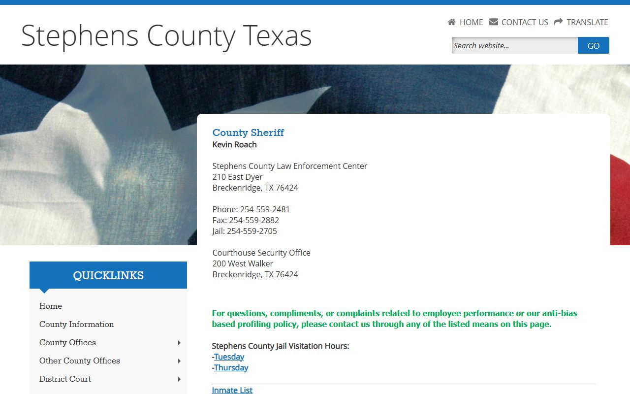 Official Stephens County Sheriff page showing jail contact and inmate list links