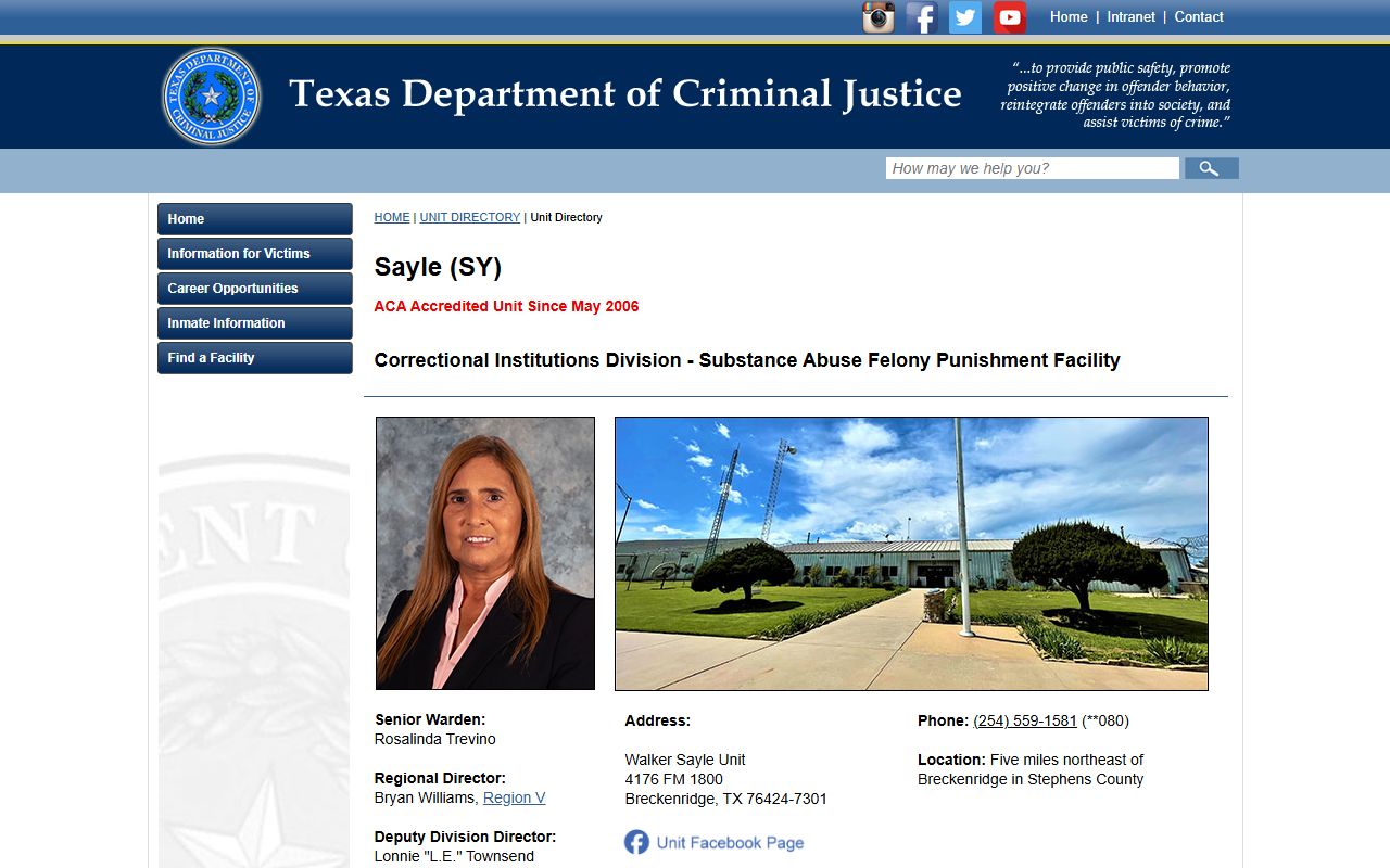 Official TDCJ Walker Sayle Unit page with address and facility facts